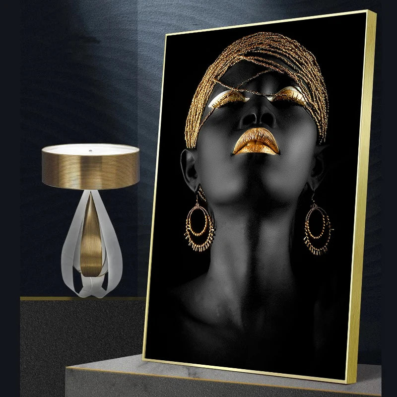 African Woman Wall Painting Art Posters and Prints Big Black Woman Holding Gold Jewelry Canvas Picture for Living Room Decor