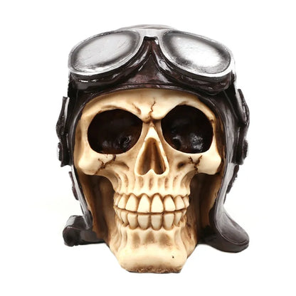 Aviator Skull Ornament Human Head Skull Statue for Home Decor Resin Figurines Halloween Decoration Sculpture Model Crafts