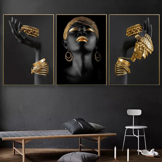 Afrikanische Frau Wandmalerei Kunst Poster und Drucke Große schwarze Frau mit Goldschmuck Leinwand Bild für Wohnzimmer Dekor