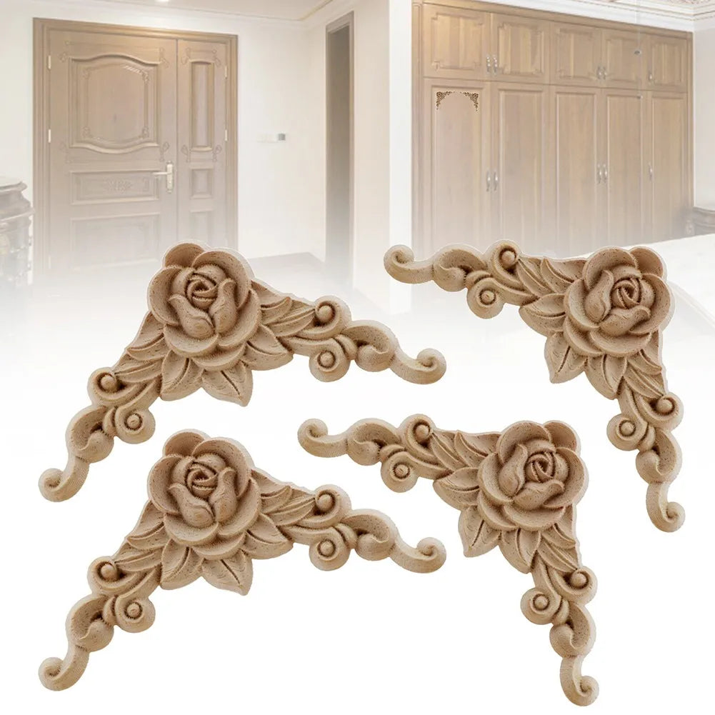 4Pcs Natural Floral Wooden Figurines Crafts Wood Carved Corner Appliques Frame Wall Door Furniture Woodcarving Decorative