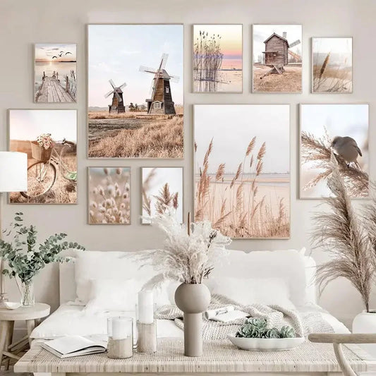 Beige Landscape Wall Art Poster Bike Hot Air Balloon Pictures Orchid Dandelion Canvas Painting Nordic Prints Bedroom Home Decor
