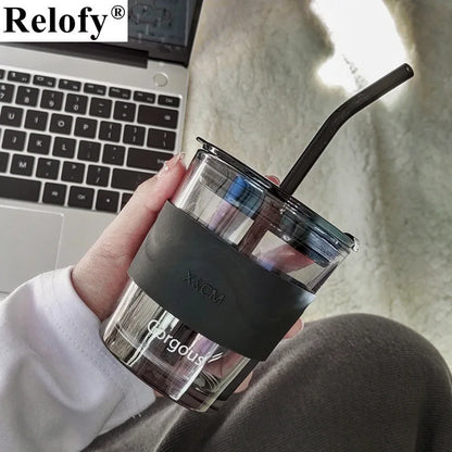 450ml Lead Free Glass Mug with Cup Sleeve and Lid Straw Coffee Cup Juice Glass Cute Coffee Mugs Milk Cups Tea Cup Drinkware