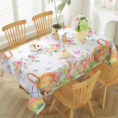 Easter Bunny Eggs Flower Waterproof Tablecloths Holiday Party Decor Spring Floral Plants Rectangle Table Cover Easter Decoration