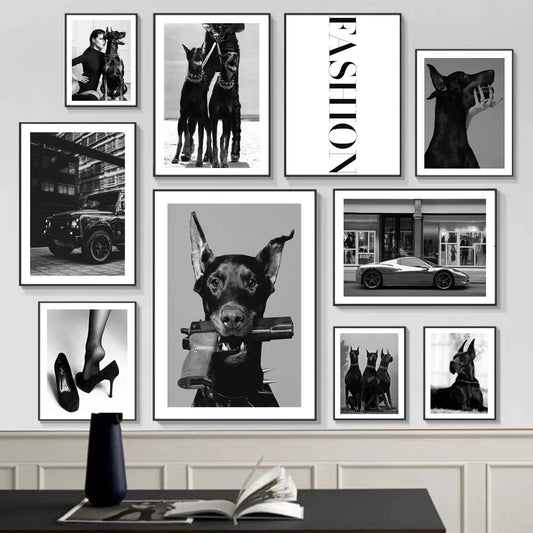 Modern Black White Doberman Gun Posters Luxury Car Fashion Girl Dog Wall Art Canvas Painting Pictures for Living Room Home Decor