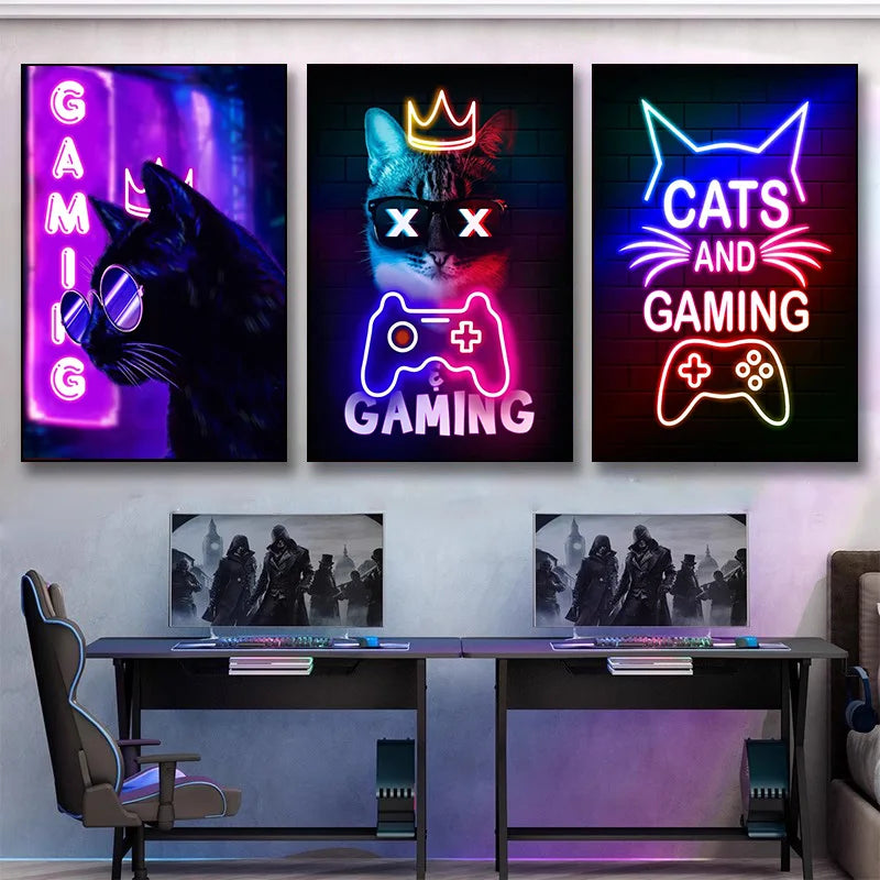 Nordic Neon Cat and Gaming Controller Quotes HD Posters Canvas Painting for Wall Art Mural Gamer Boys Girls Room Decor No Lights