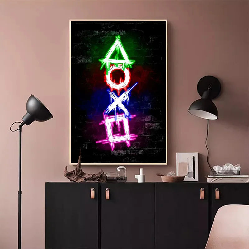 Nordic Neon Cat and Gaming Controller Quotes HD Posters Canvas Painting for Wall Art Mural Gamer Boys Girls Room Decor No Lights