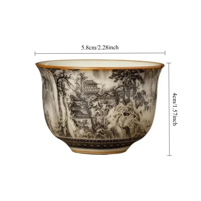 65ML Ru Kiln Ink Landscape Round Tripod Teacup, Personal High end Master's Cup, Single Cup, Opening, Nourishing Ceramic Tea Cup