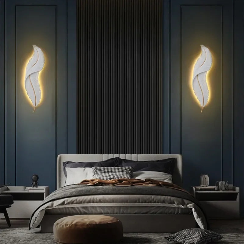 White Feather LED Wall Lamps  Modern Resin Sconce TV Background Wall Light for Home Bedroom Living Room Remote Wall Mount Lights