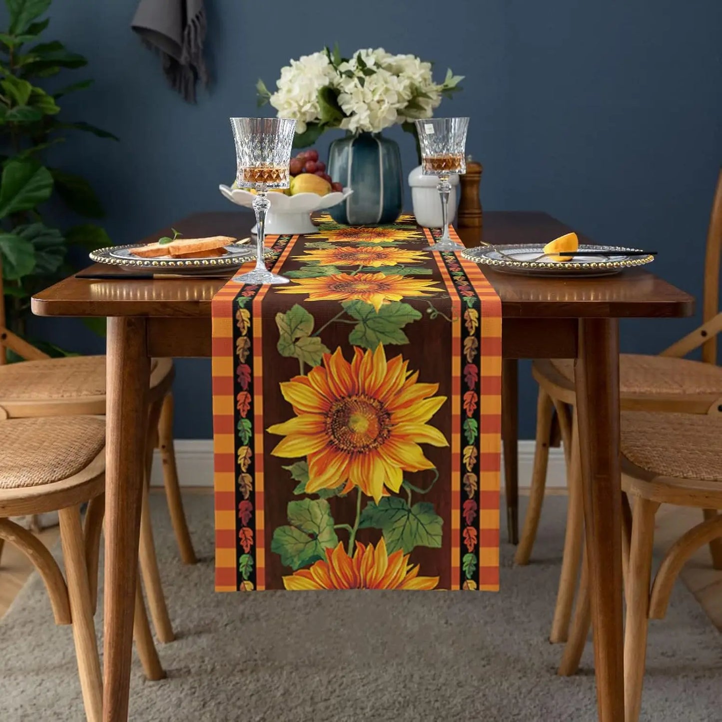 Autumn Sunflower Buffalo Plaid Linen Table Runner Fall Leaves Orange Dresser Scarf for Holiday Wedding Party Kitchen Table Decor