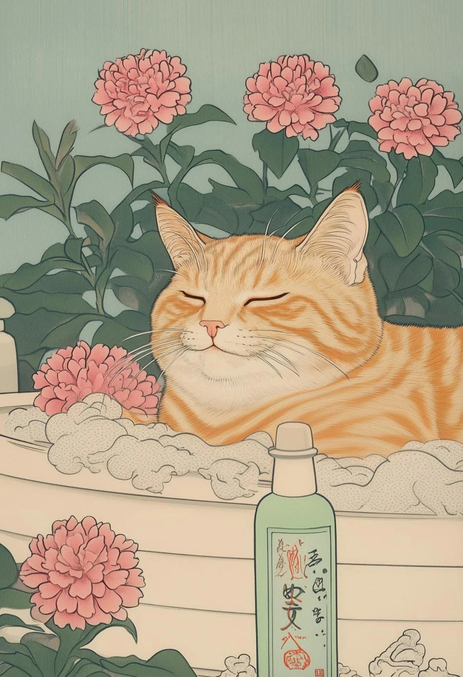 Japanese Tabby Cat in Bathtub Poster Prints Canvas Painting Retro Aesthetic Wall Art Picture Japandi Bathroom Toilet Home Decor
