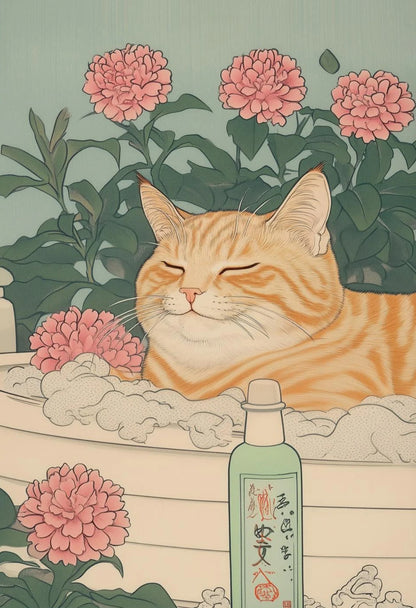 Japanese Tabby Cat in Bathtub Poster Prints Canvas Painting Retro Aesthetic Wall Art Picture Japandi Bathroom Toilet Home Decor