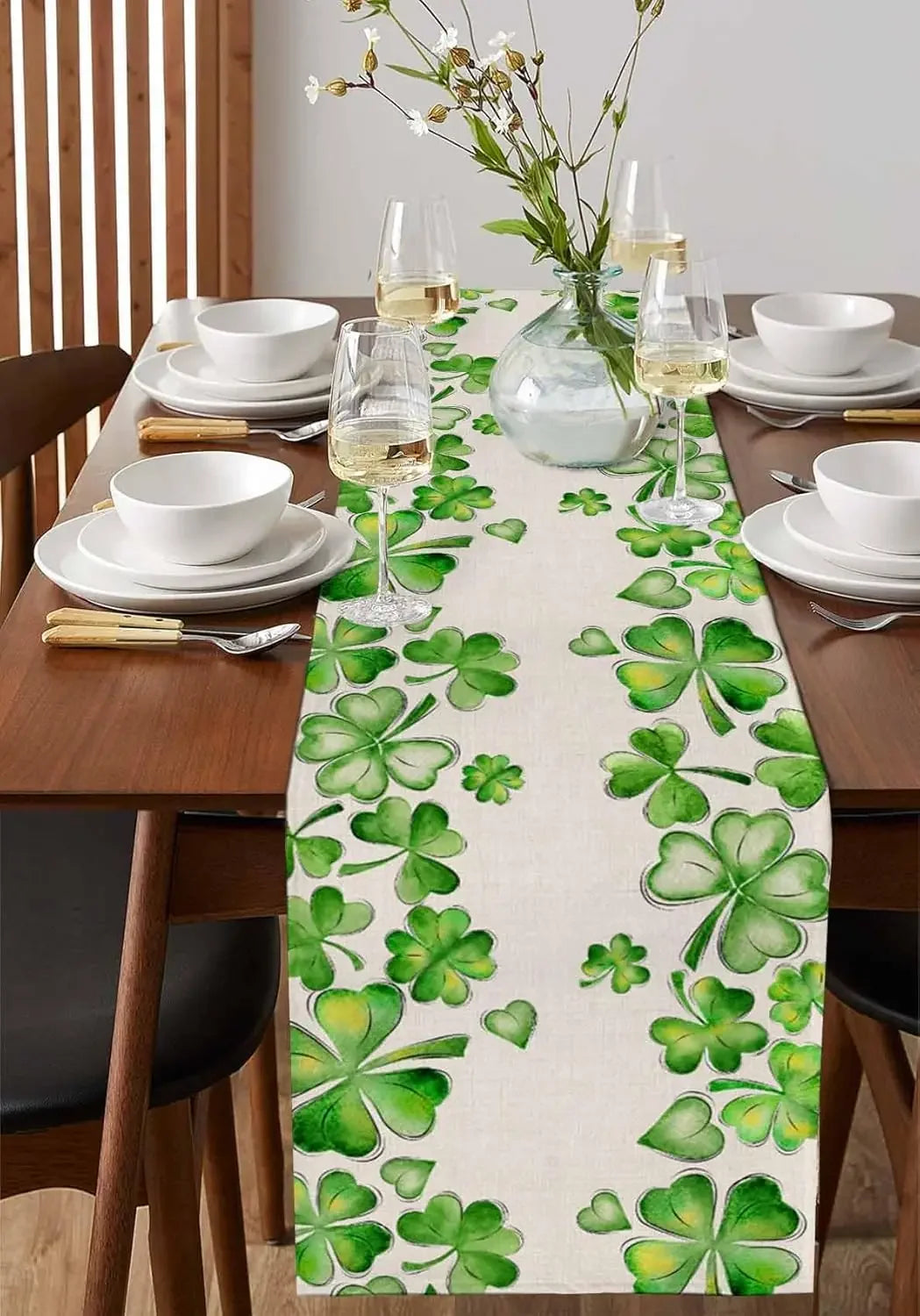 St. Patrick's Day Shamrock Linen Table Runner Dresser Scarf Seasonal Spring Lucky Clover Green Table Runners Dining Table Decor
