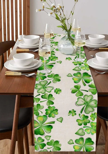 St. Patrick's Day Shamrock Linen Table Runner Dresser Scarf Seasonal Spring Lucky Clover Green Table Runners Dining Table Decor