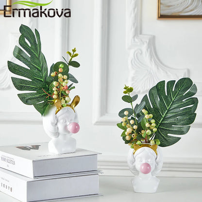 ERMAKOVA Nordic Creative Vase Human Head Lovely Bubble Gum Girl Rabbit Cat Flower Arrangement Modern Home Decoration Flower Pot