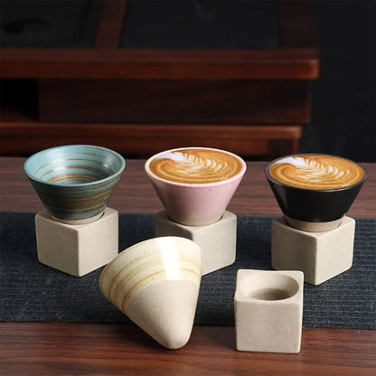 Ceramic Coffee Cups Rough Pottery Tea-Cup Japanese Latte Pull Flower Porcelain-Cup Coffee Mugs with Base for Kitchen Bar