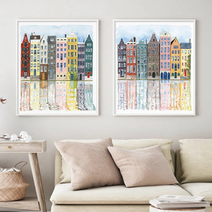 Watercolor Facades of Old Colorful Buildings Poster Canvas Paintings Print Wall Art Interior Picture for Living Room Home Decor