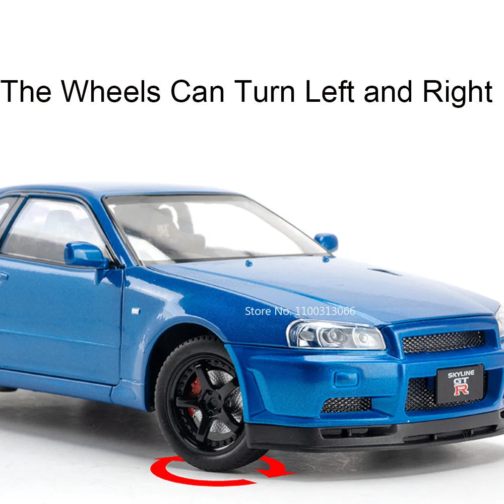 1/24 Scale Nissan Skyline GTRR34 Models Cars Alloy Diecast Toys Rubber Tires Vehicle 4 Doors Opened Toy Car for Kids Best Gifts