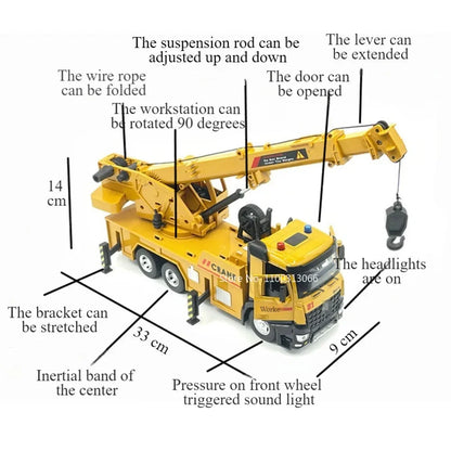 1:18 Metal Diecast Engineering Vehicles Model Toys Rubber Tires with Light＆Sound Large Crane Models for Children Education Toy