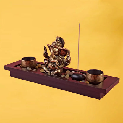 Hindu God Lord Ganesha Statue Wooden Tray with Candle Holder Blessing Ganesh