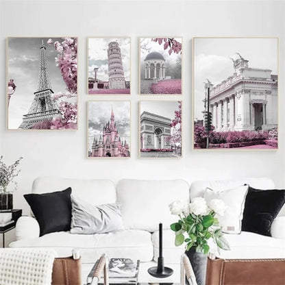 Paris Flower France City Building Posters and Prints Castle Pink and Black Wall Art Nordic Canvas Painting Pictures Room Decor