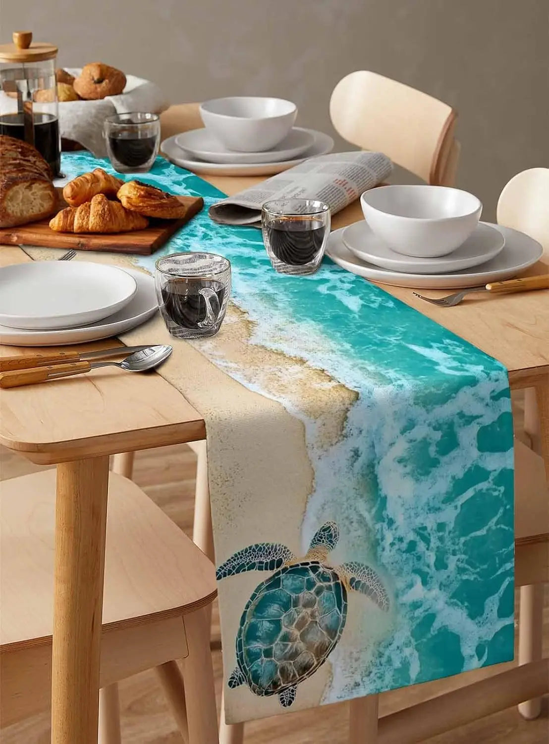 Turquoise Sea Turtle Beach Wave Linen Table Runner Holiday Party Decor Summer Ocean Turtle Table Runners for Kitchen Table Decor