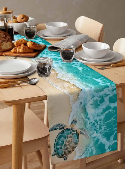 Turquoise Sea Turtle Beach Wave Linen Table Runner Holiday Party Decor Summer Ocean Turtle Table Runners for Kitchen Table Decor