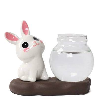 Transparent Glass Aquatic Vase Ceramics Rabbit Hydroponic Plant Vases with Wooden Base Flower Bottle Tabletop Decoration