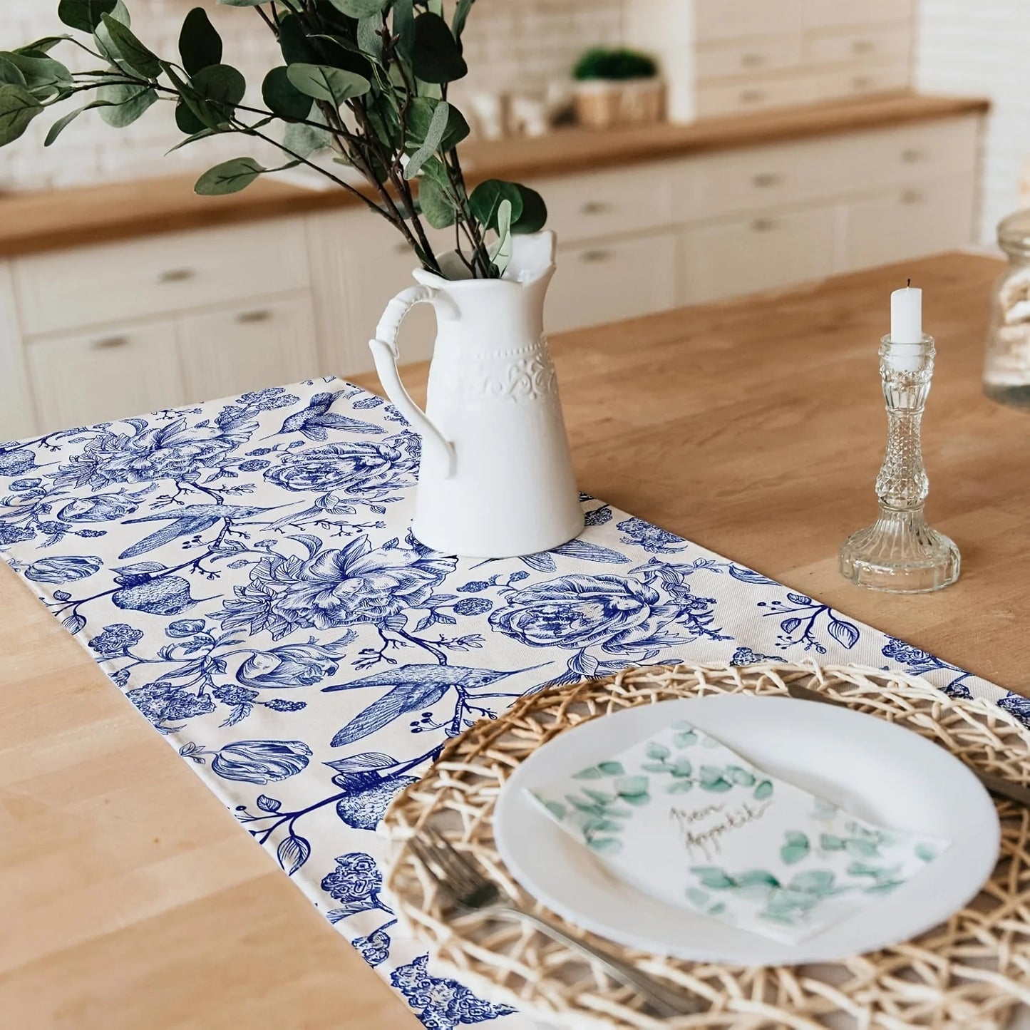 Blue White Florals Birds Monochrome Sketch Linen Table Runner Party Decor Retro Flowers Kitchen Dining Table Runners Table Decor