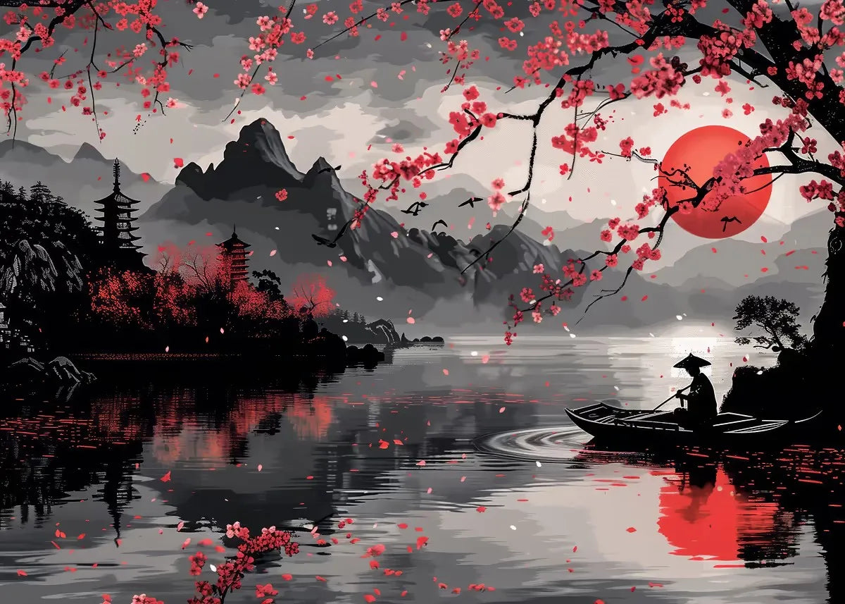 Japanese Landscape Ink Painting Poster Mountain Cherry Blossom Flowers Samurai Dragon Koi Canvas Picture Wall Art Home Decor