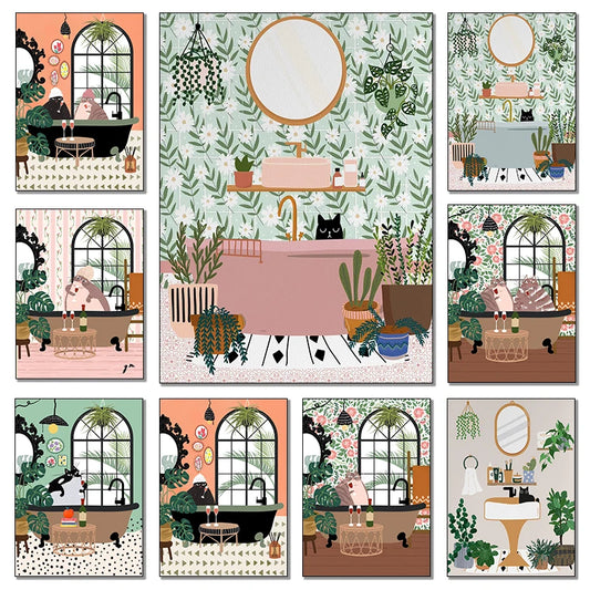Botanical Toilet Bathroom Black Cat Art Posters and Prints Canvas Printing Wall Art Picture for Living Room Home Decoration