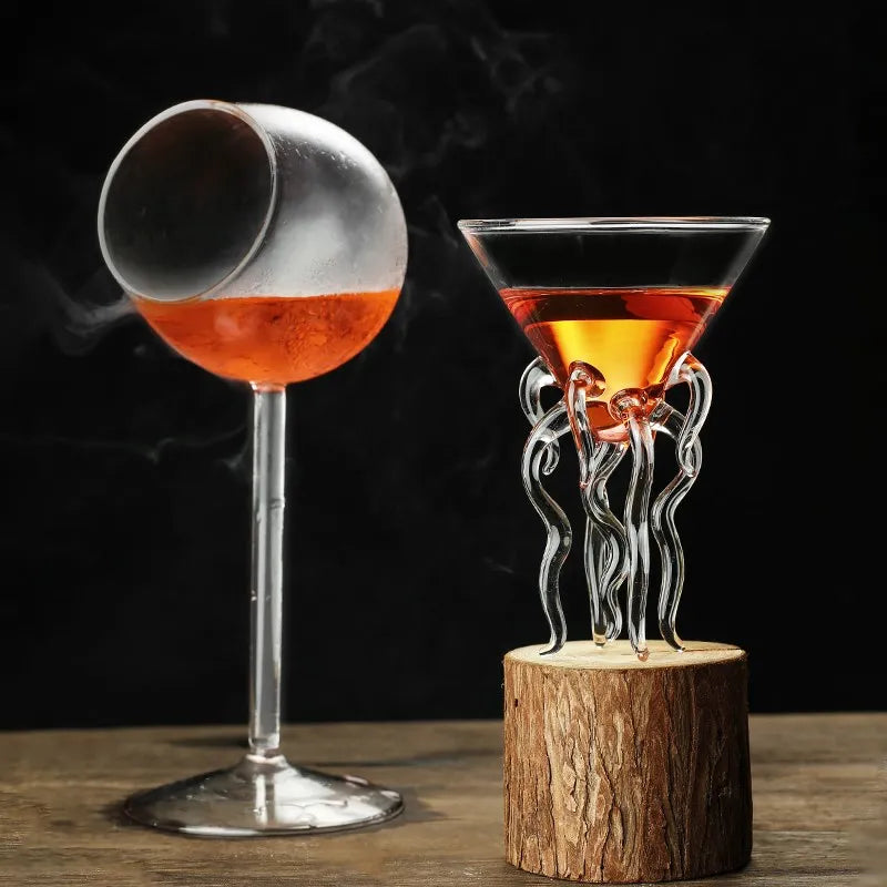 Creative Pufferfish Octopus Swan Bird Cocktail Glass Transparent Goblet Glass with Straw Wine Juice Cup for Party Bar Nightclub