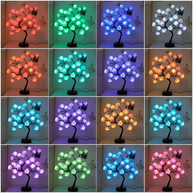 RGB Rose Flower Tree Lights 24LED USB Battery Table Lamp Fairy Night Light Home Party Christmas Wedding Bedroom Decoration Gift