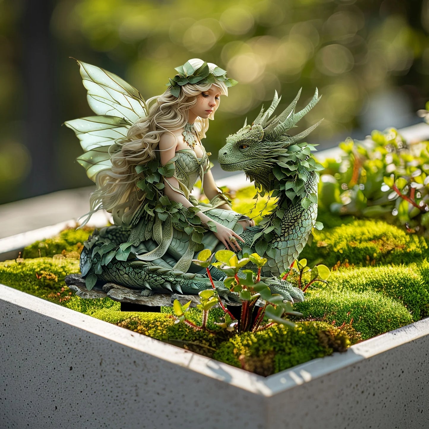 Charming Green Fairy with Dragon Garden Pile - Acrylic Outdoor Art, Bohemian Style Patio Decor, Flower Pot Landscape Accessories