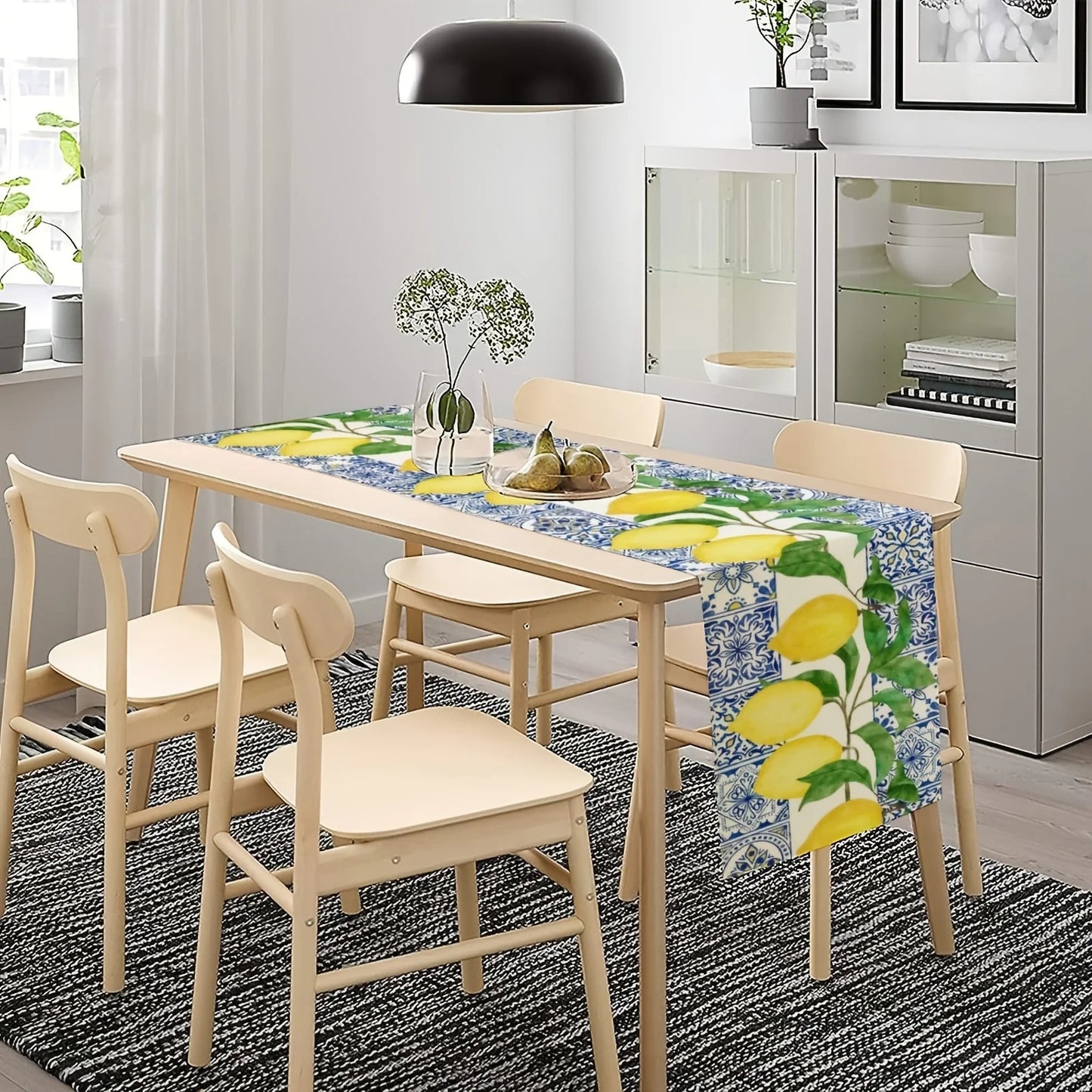 Yellow Lemon Blue Tile Printed Linen Table Runner Holiday Party Decor Summer Lemon Fruit Plant Table Runners Kitchen Table Decor