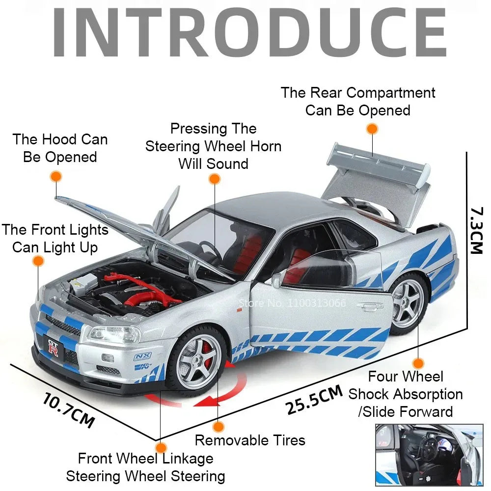 1:18 Alloy Diecast GTR SKYLINE S15 Toys Models Cars 4 Doors Opened Miniature Vehicles with Light Music Car Toddler Kids Gifts