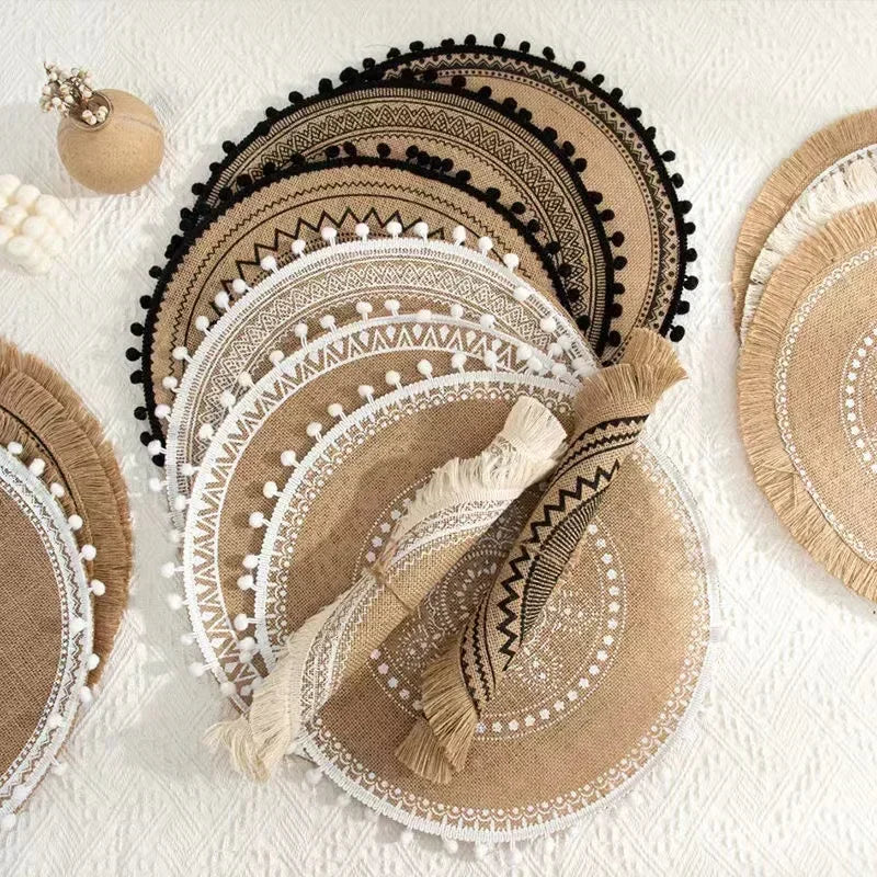 Boho Round Placemat 15 Inch,Farmhouse Woven Jute Fringe TableMats with Pompom Tassel Place Mat for Dining Room INS Table Decors