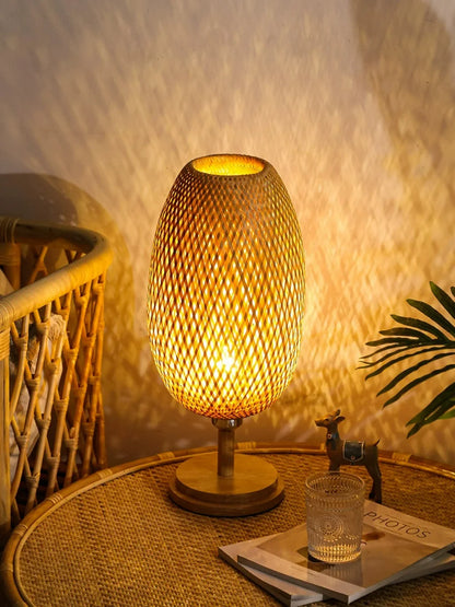 Japanese Table Lamp Bedside Lamp Bedroom Ins Wind Warm Nordic Bamboo Woven Light Warm Night Light Retro Desk Lamp
