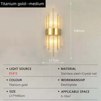 Nordic Luxury Crystal Wall Lamp Stainless Steel Black Gold LED Wall Light Living Room Stairs Bedroom Bedside Room Decor Fixture