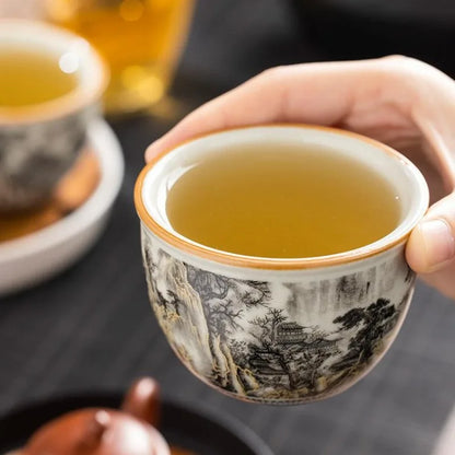 65ML Ru Kiln Ink Landscape Round Tripod Teacup, Personal High end Master's Cup, Single Cup, Opening, Nourishing Ceramic Tea Cup