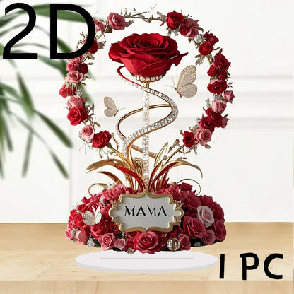 2D Acrylic Ornament Red Rose MOM Pattern Roses Mother Flat Elegant Desk Decora Filial Child to Mother Gifts