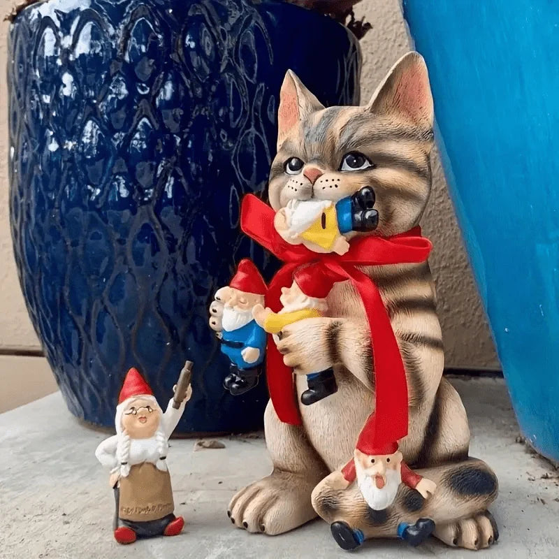 1pc, Naughty Cat With Gnome, Prankster Cat Garden Statue, Office Decoration, Outside Decor, Garden Decor, Yard Decor