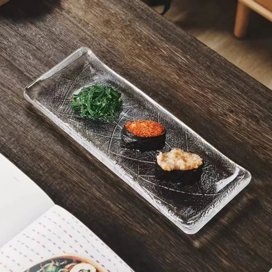 Japanese transparent glass long plate household palm print sushi plate sashimi plate cooking plate condiment dish tableware