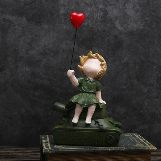 1pc Resin Tank Cartoon Girl Figurine with Balloon, Peace No War Love Decorative Collectiblefor Various Room Types, Indoor Use No
