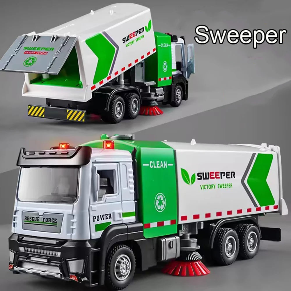 1:32 Urban Sweeping Trucks Toys Models Cars Doors Opened Pull Back Anti Haze Truck Miniature Sanitation Vehicles for Child Gifts