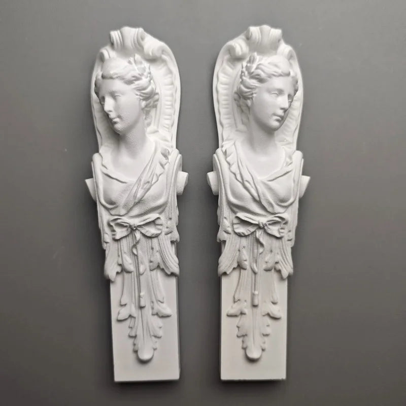 Pair of Classical Maiden Pillar Busts - Plaster Sculptures, Roman-Inspired Shelf Artifacts & Museum-Style Collectible Decor