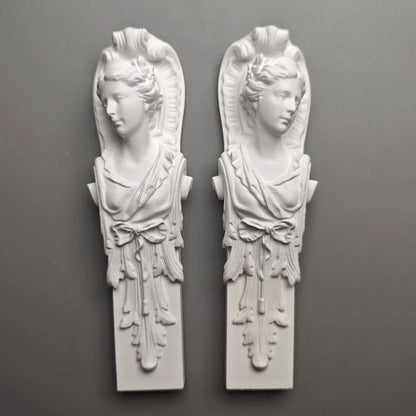 Pair of Classical Maiden Pillar Busts - Plaster Sculptures, Roman-Inspired Shelf Artifacts & Museum-Style Collectible Decor