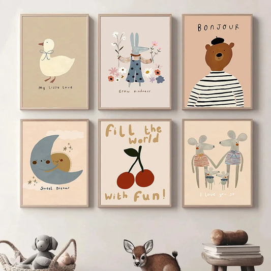 Cartoon Dog Goose Rabbit Bear Mouse Poster Cute Animal Wall Art Canvas Painting Prints Wall Art HD Pictures Baby Kids Room Decor