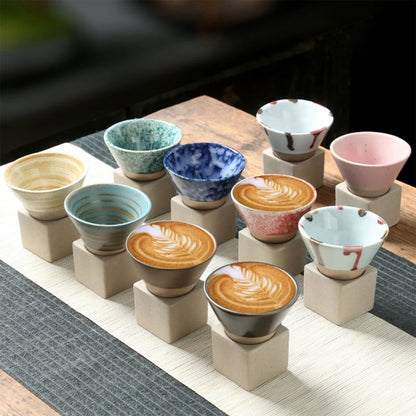Ceramic Coffee Cups Rough Pottery Tea-Cup Japanese Latte Pull Flower Porcelain-Cup Coffee Mugs with Base for Kitchen Bar