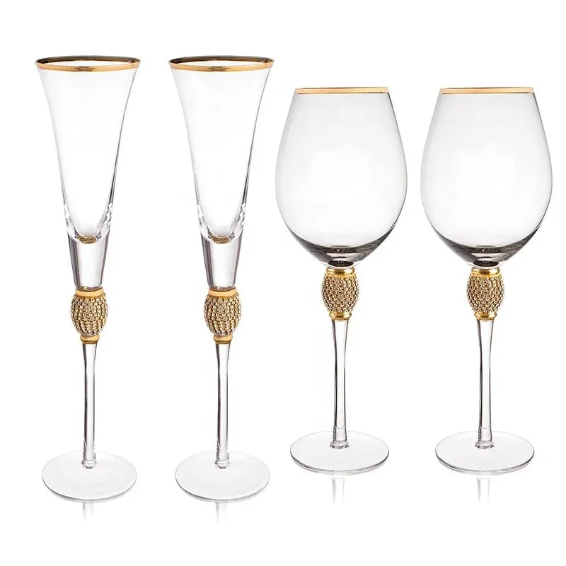 2Pcs Crystal Gold Rimmed Wine Glasses Set Elegant Rhinestone Diamond Decorative Long Stem Champagne Flutes Cocktail Glass Gifts