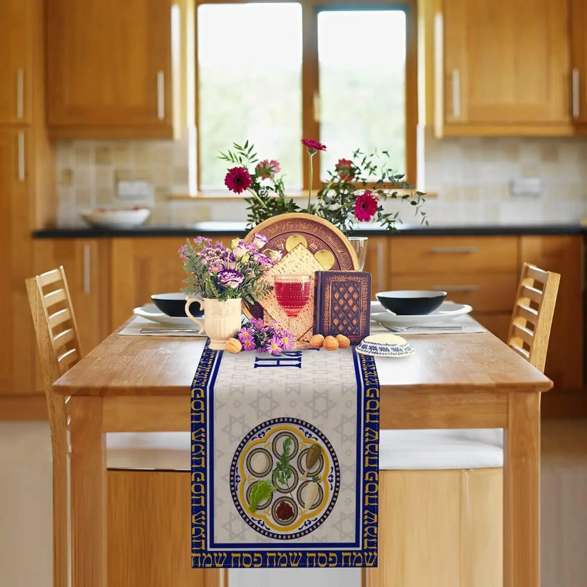 Happy Passover Linen Table Runner Party Decor Pesach Star of David Jewish Table Runners Dining Room Mantle Fireplace Decorations